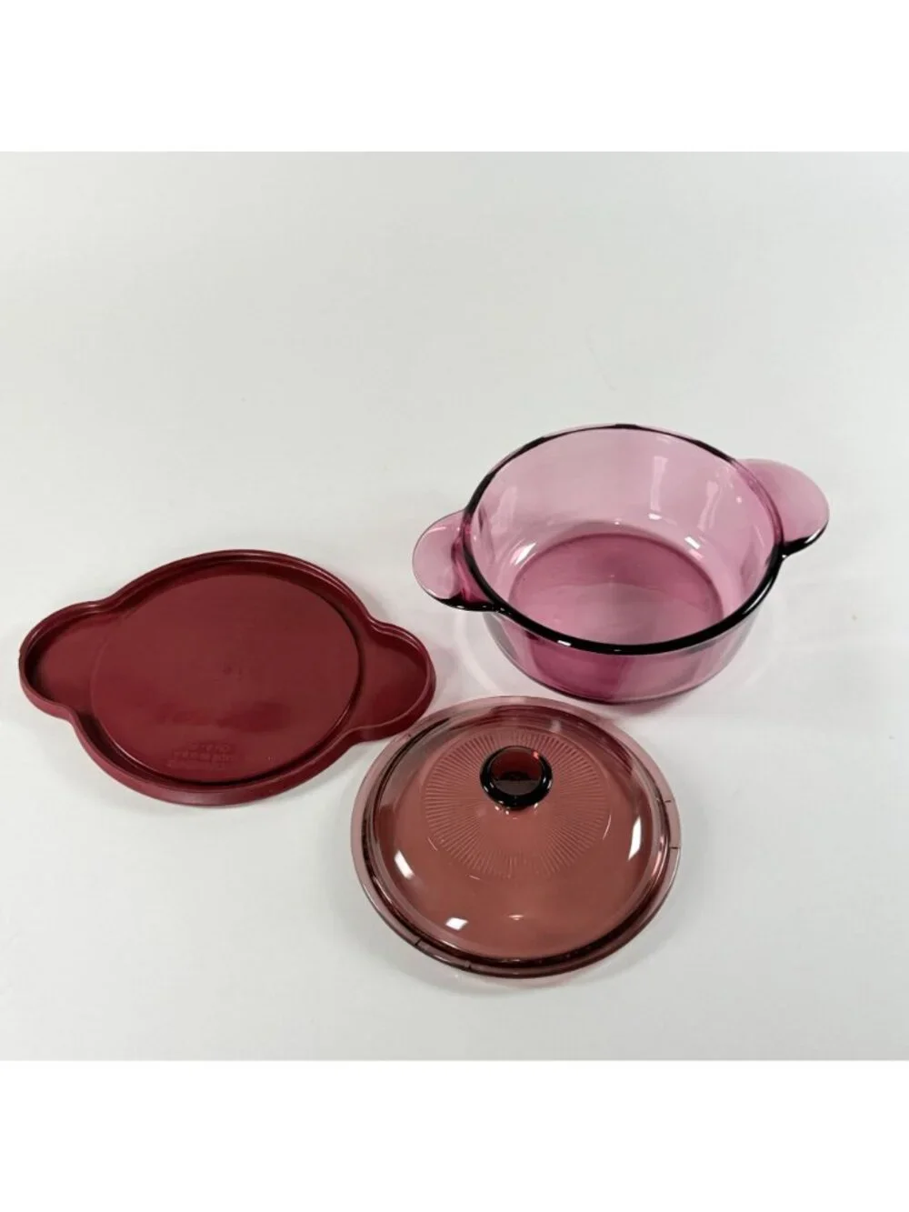 Visions Cranberry Glass 1 Qt Casserole Dish With Lid & Plastic Cover 1174